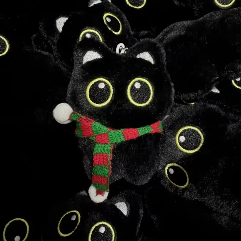 New Kawaii Big Eyes Cat Plush Doll With Scarf Black Cat Keychain Bag Pendant Cartoon Kitten Ornament Festival Gift For Friends image 6