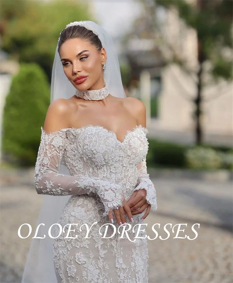 OLOEY Elegant Lace Off Shoulder Mermaid Wedding Dresses Long Sleeves Sweetheart Sweep Train Church Luxury Bride Gowns Customized