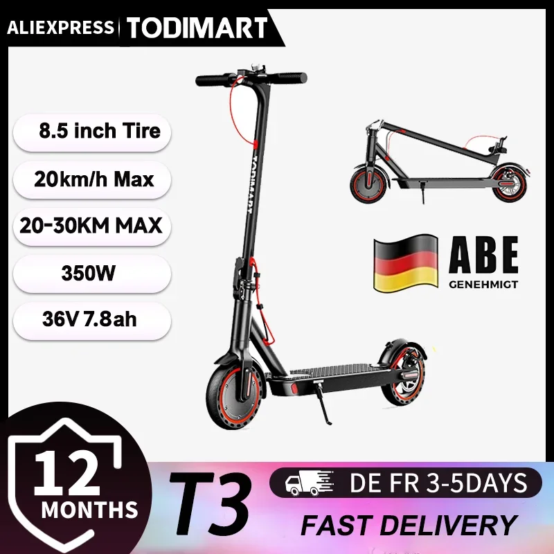 Patinete eléctrico para adultos Todimart T3 ABE, 36V 7.8AH, 350W (500W), 25-35KM, neumáticos de 8.5 pulgadas, Elektroroller mi Abee