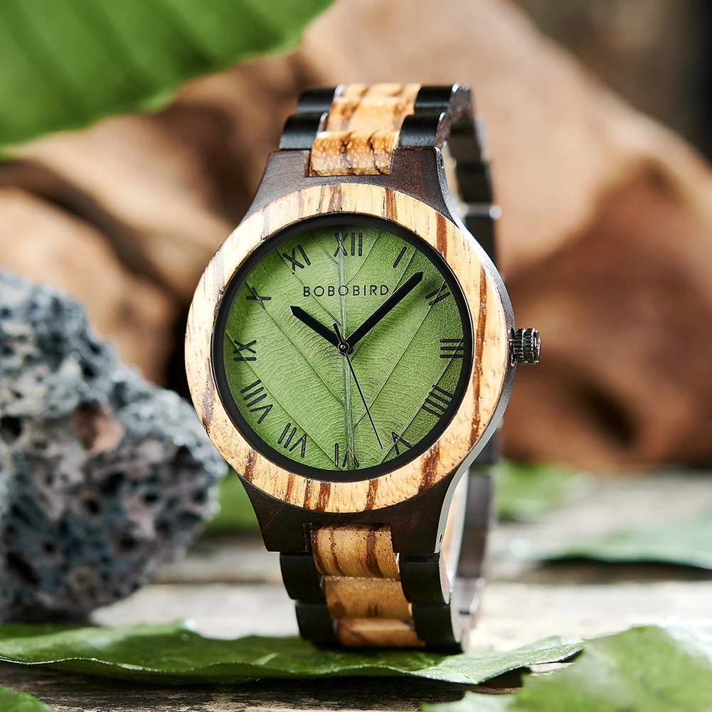 BOBO BIRD Montre en bois pour homme, cadran cuir chevelu véritable, montres-bracelets à quartz avec boîte cadeau, montres en bois, Reloj zones bre,