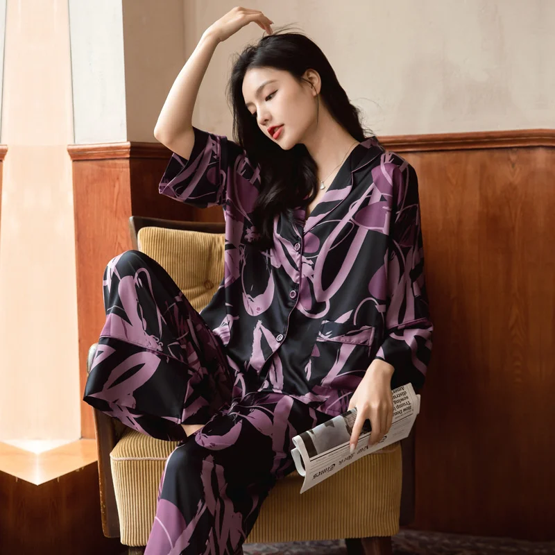 2023 Spring And Autumn Women\'s Pyjama Ice Silk High-class Thin Style Pajamas Long-sleeved Suit Women\'s Home Clothes Set