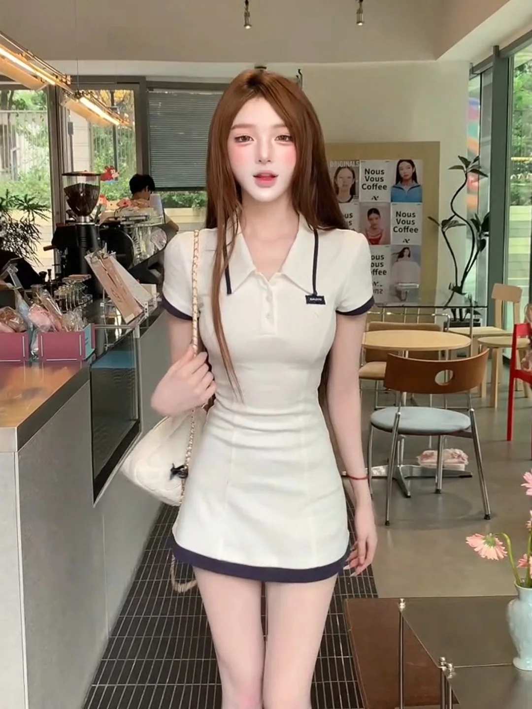

Summer New Style Collar Color Block Short Sleeve Dress Women's Slim Fit Personality White Short Skirt College Style