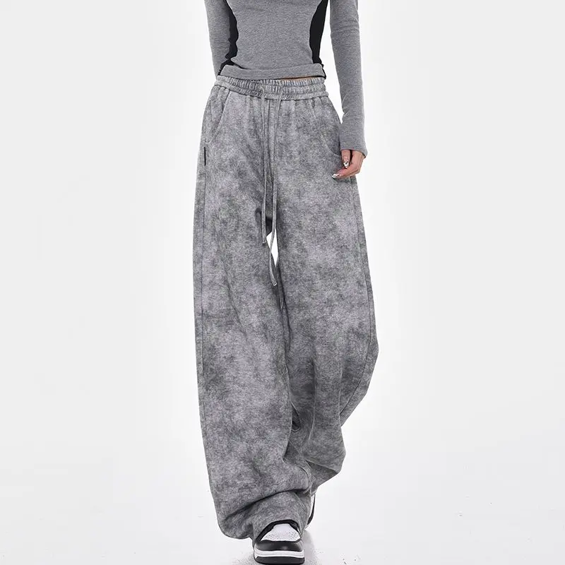 Vintage Tie Dyed China-Chic Winter New Plush Thickened Grey Sanitary Pants Women's Loose Wide Leg Casual Pants Female Clothing