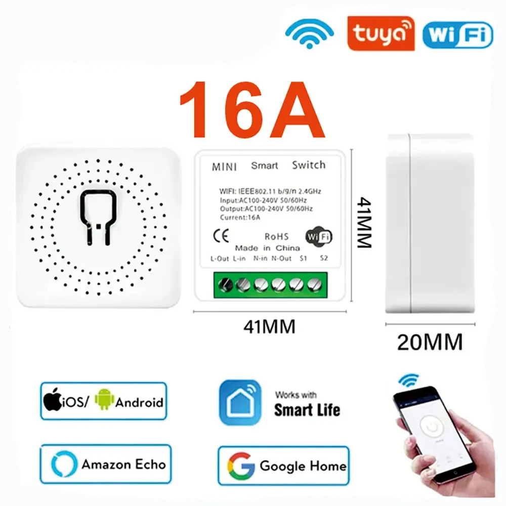 Tuya 16A MINI Wifi Smart Switch DIY 2-way Control Relay Timer For Smart Life Work With Alexa Google Home Yandex Alice