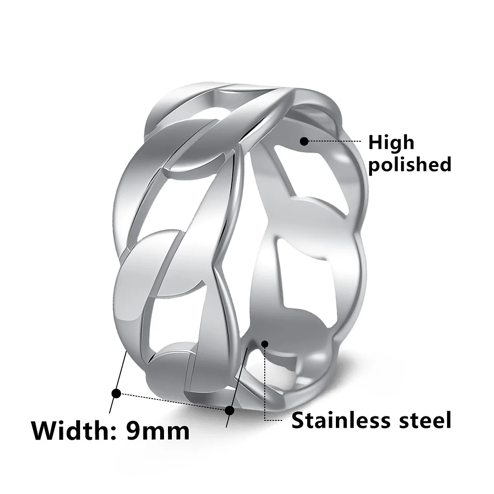 Offener Kettenglieder-Ring für Herren, goldfarben, aus poliertem Edelstahl, Schmuck mit ineinandergreifendem Muster, auffälliger, urbaner Stil. – Detail 5