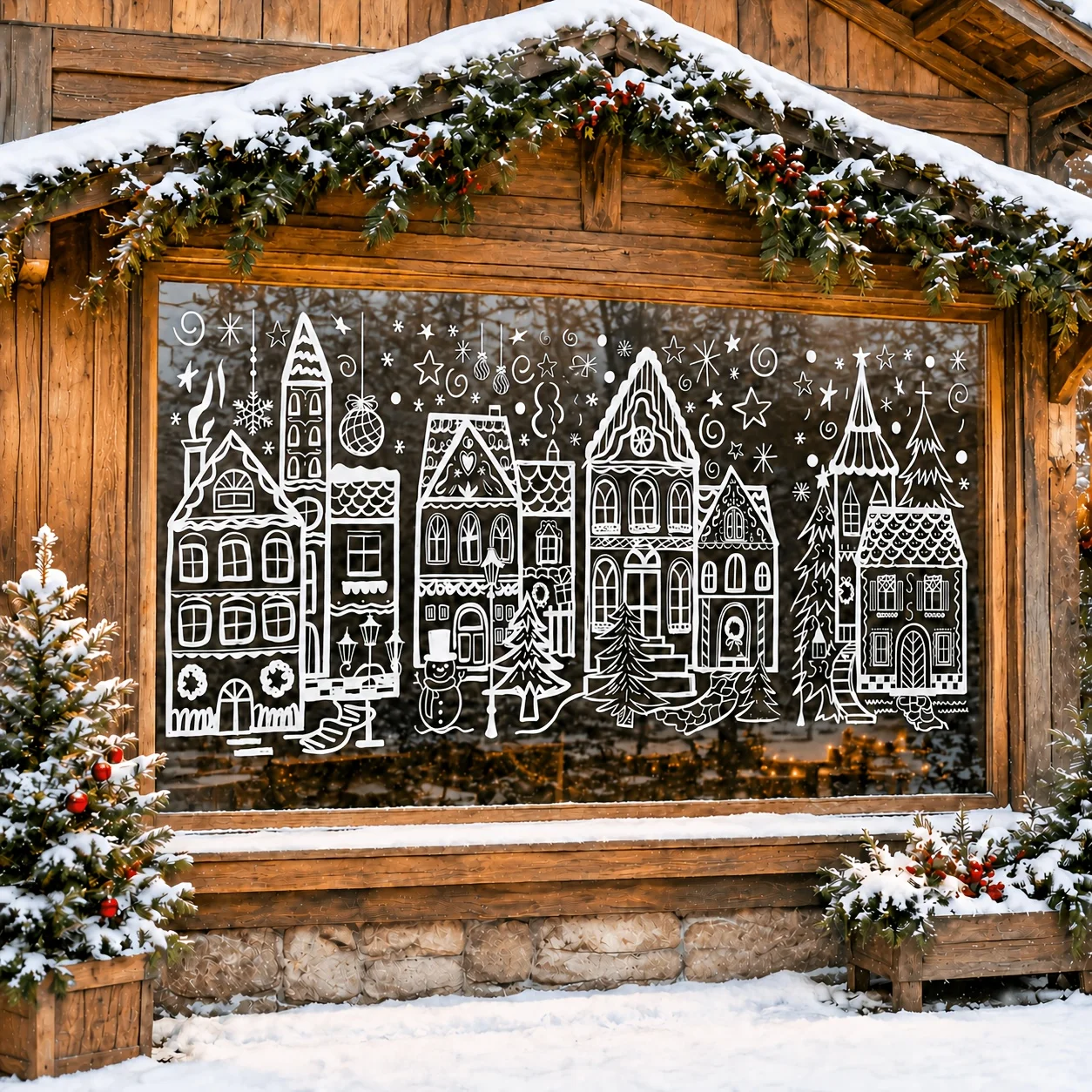 4Sheets Christmas Winter Village Window Stickers,Line Drawing Town Houses Snowman Star Glass Clings,Removable Xmas Holiday Decor