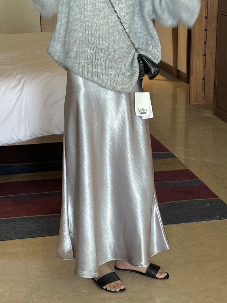 

2025 Summer New Satin Skirt Korean Style Fashion High Waist Elegant Midi Skirt Grey Classic Versatile Luxury Fishtail Skirt