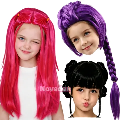 Synthetic Long Purple Braid Ponytail Hair Black Buns Demon Singer Idol Golden Cosplay Kids Girls Party Halloween Costume Wig