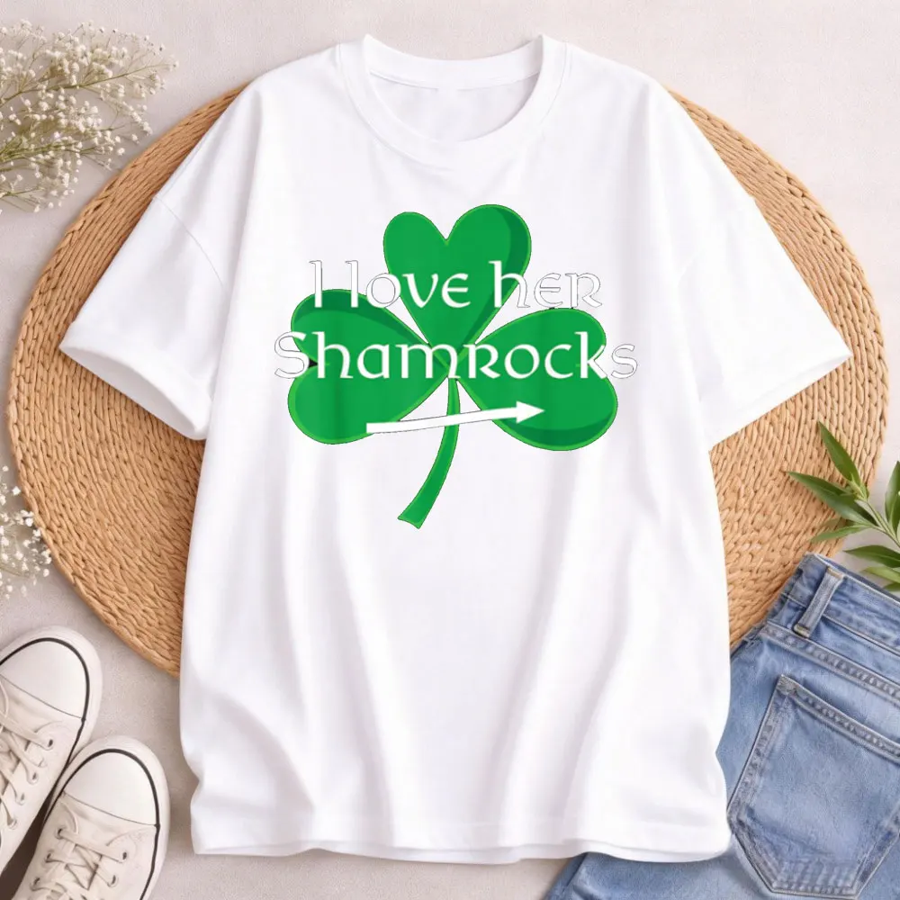 St. Patrick's Day Couples Matching T-Shirt I Love Her Shamrocks Graphic Tee Casual Cotton Top Men Women Irish Holiday Party Tee