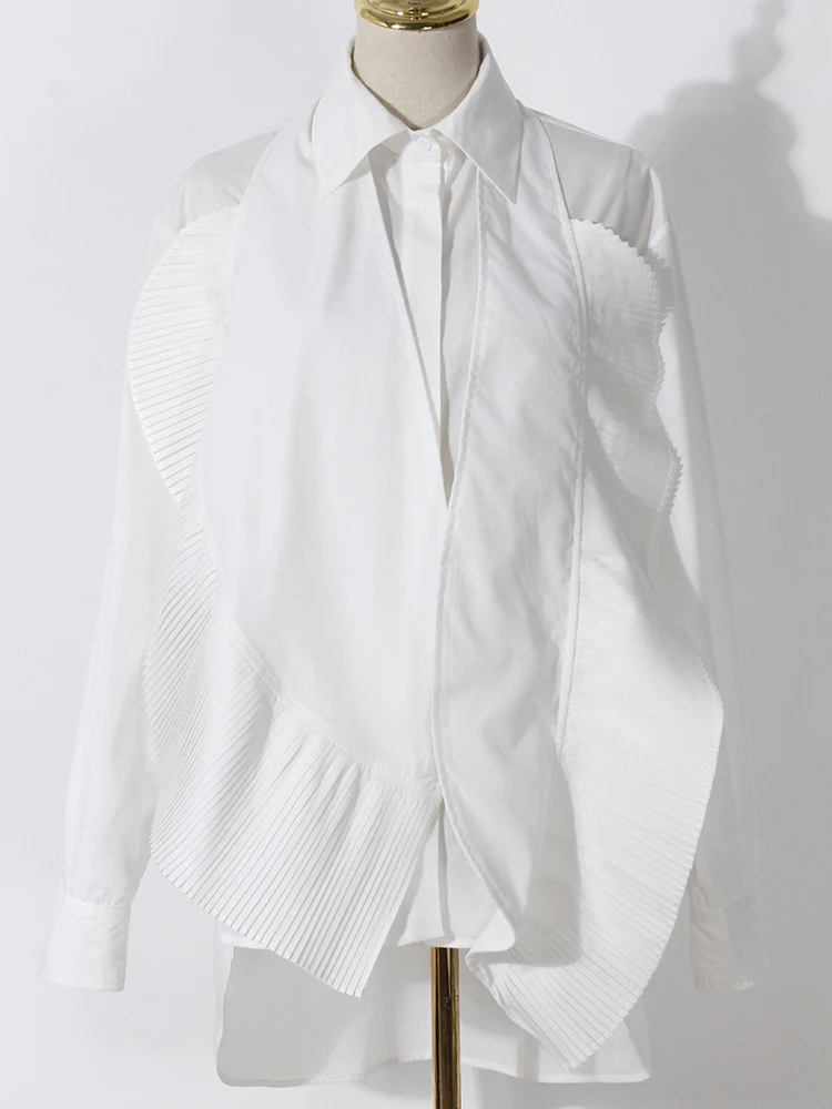 [EAM] Women White Pleated Irregular Elegant Big Size Blouse New Lapel Long Sleeve Shirt Fashion Tide Spring Autumn 2024 7AB3761