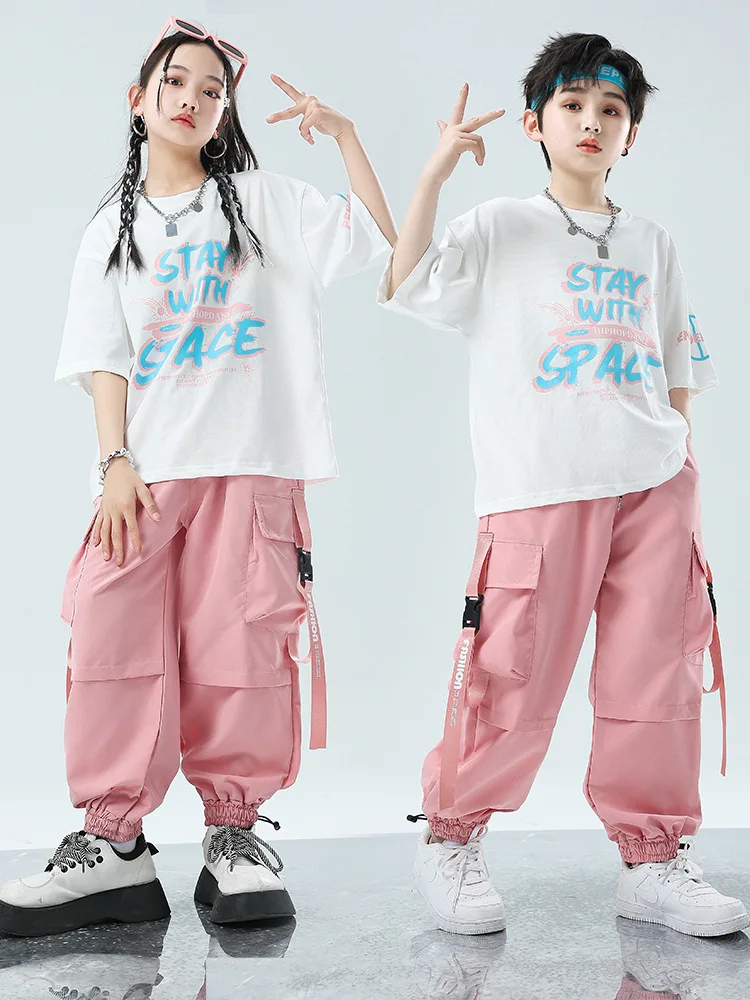 

Kid Hip Hop Clothing White Graphic Tee T Shirt Top Pink Casual Strap Cargo Joggert Pants for Girl Boy Jazz Dance Costume Clothes