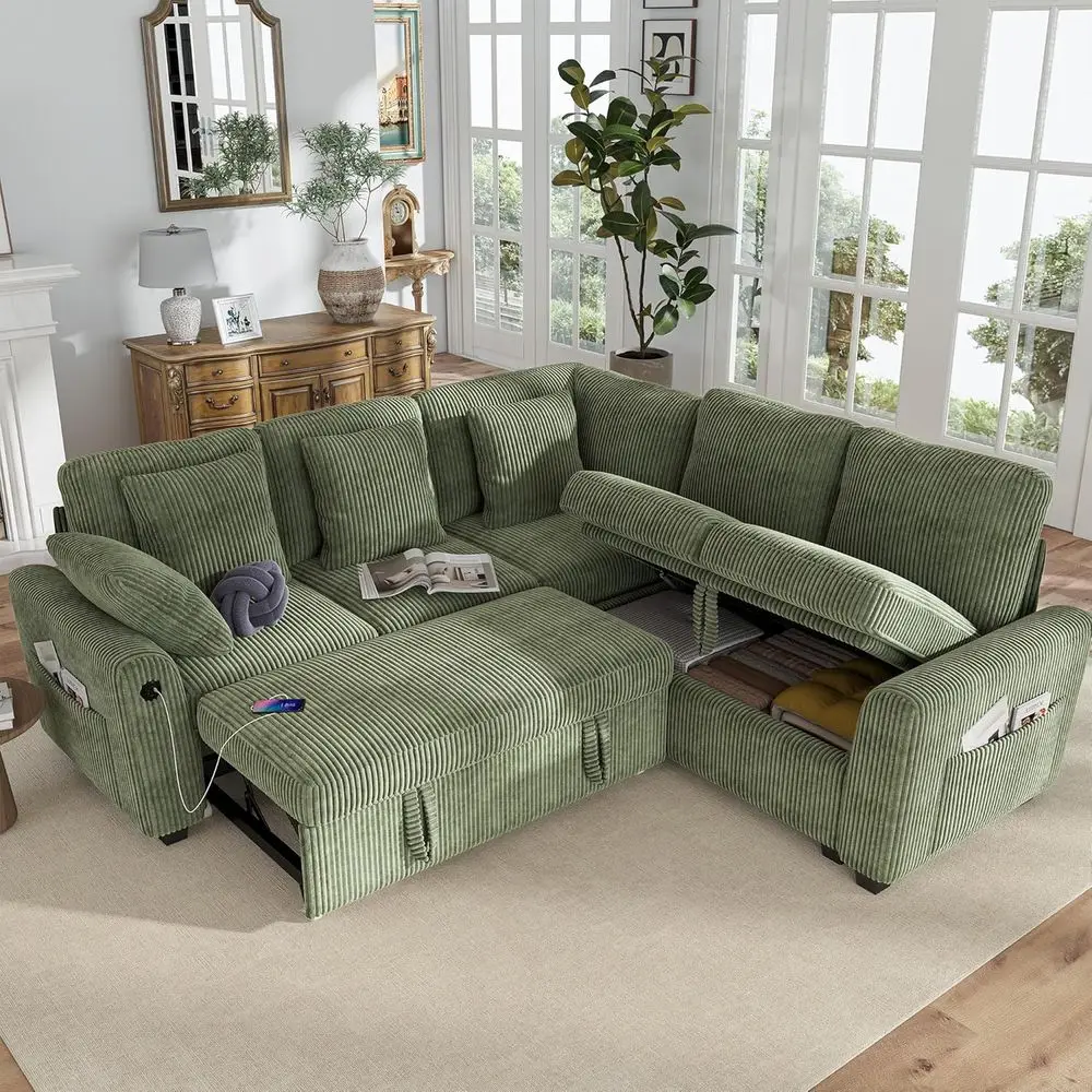 

Sectional Couch with Pull Out Soa Bed,Corduroy Sleeper Soa with 2 Seat Storage & USB Charging,Comy L Shaped ular Couches or Livi