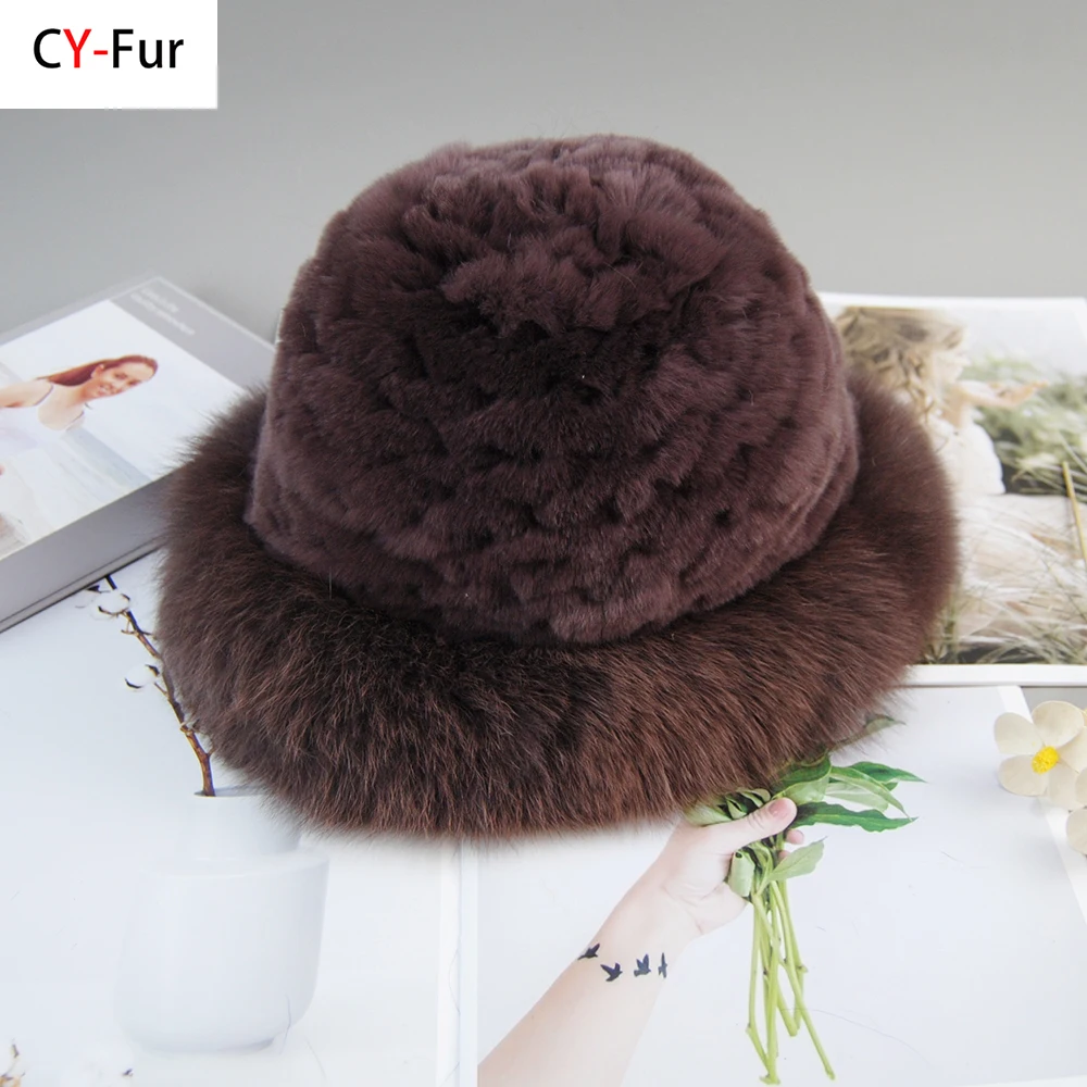 

Women Winter Warm Real Rex Rabbit Fur Hat Ladies Elegant Bomber Hats Femal Fashion Genuine Fox Fur Caps Knitting Beanies Cap