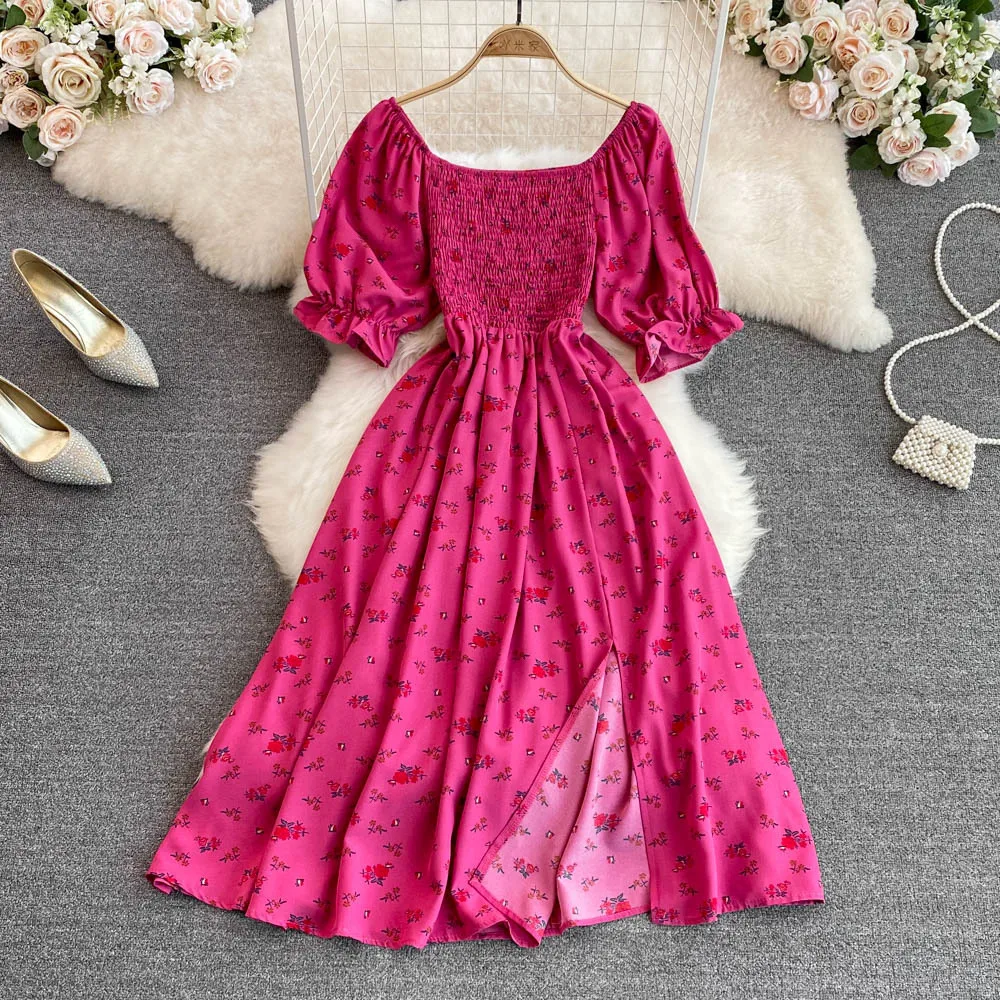 

Women Print Dresses Folds Puff Sleeve Elegant A Line Dress High Waist Splice Split Vestidos Office Ladies Summer Regular