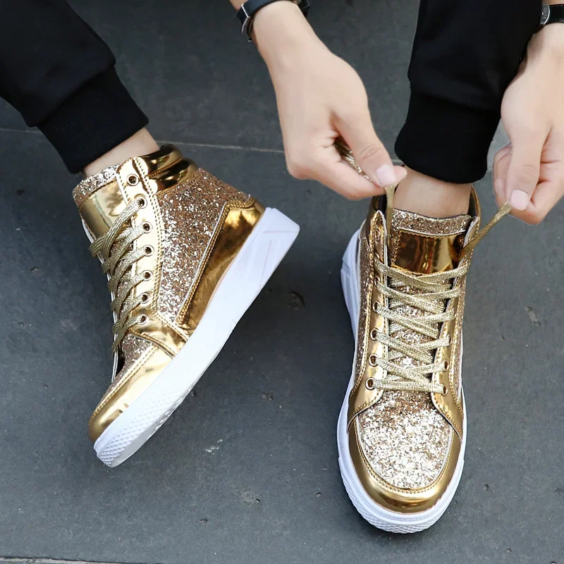 Hot Fashion Golden Shiny Mirrors Mens Shoes Casual Club Bar Glitter Streetwear Hip hop High top Men Sneakers zapatos de hombre