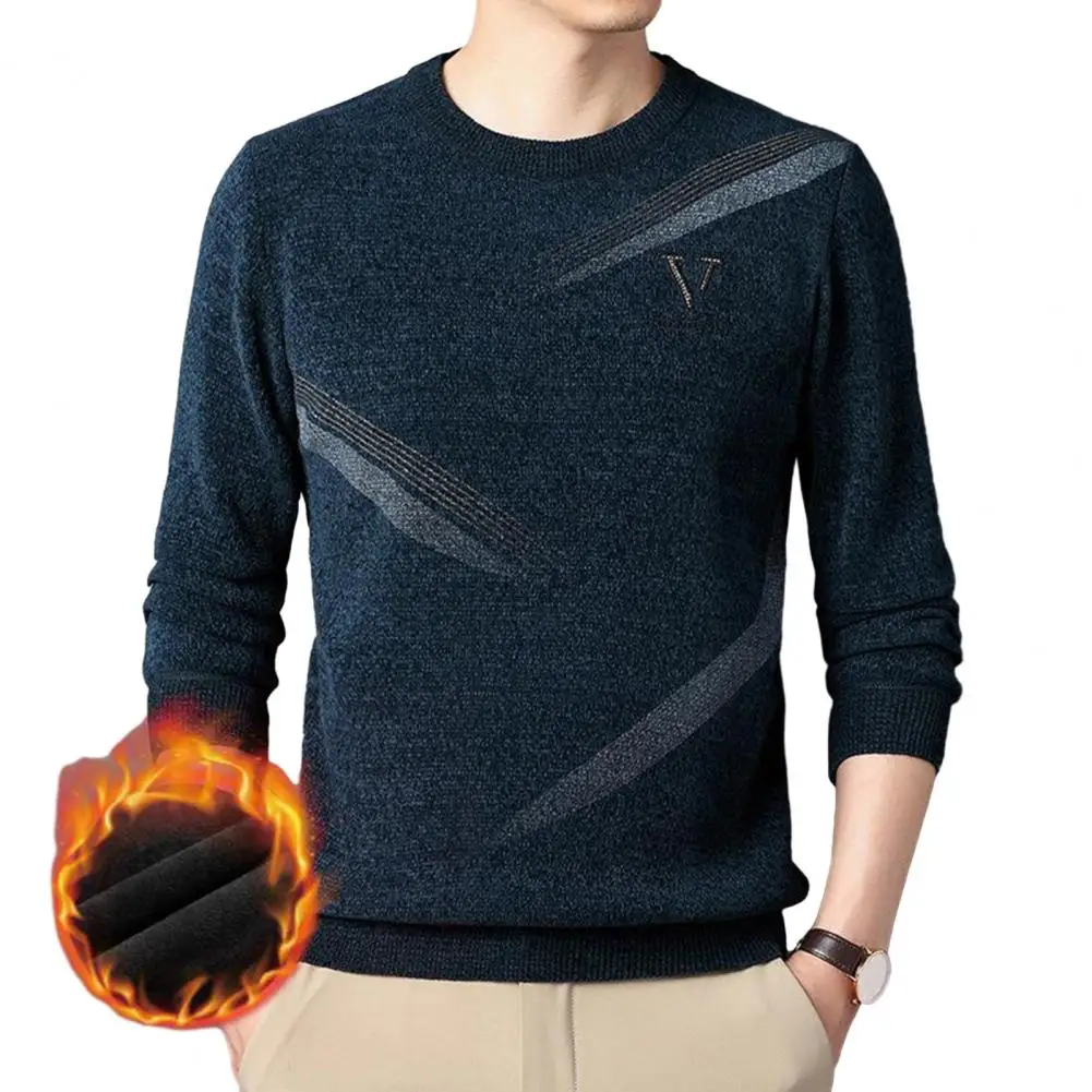 Winter Pullover Sweater Men Slim Fit O-neck Long Sleeve Ribbed Trim Plush Lining Knitting Tops Male Clothing Streetwear