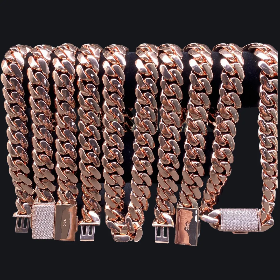 

Hot Selling Rose Gold Cuban Chain Necklace for Men 18mm Wide High Quality Brass Material Bling Iced Out Streetwear Jewelry