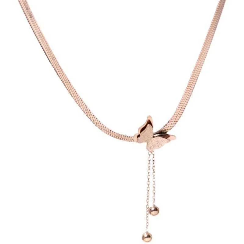 316L Stainless Steel Upscale Jewelry Matte 2-layer Butterfly Tassel Choker Blade Snake Bone Chain Necklaces Pendants For Women