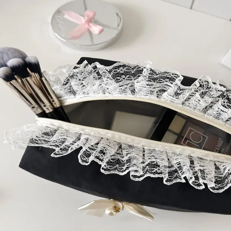 Black Lace Bow Makeup Bag Large Capacity Toiletry Bag Travel Cosmetic Organizer Cute Korean Portable Pouch For Women