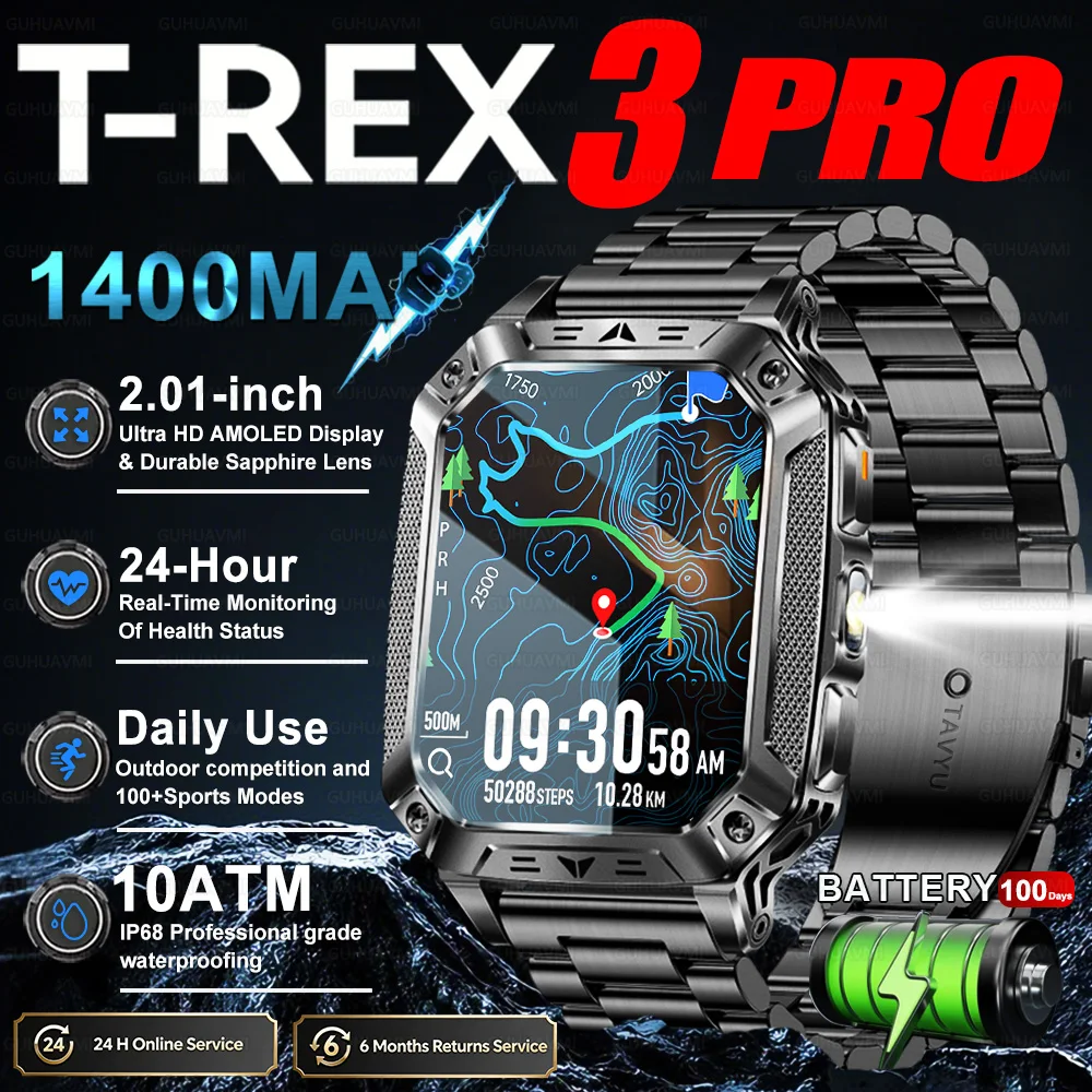 

2026New T-REX3 exercise 1400mAh Battery Smart Watch Tracking 10ATM Waterproof Sports Tracker Outdoor Military Smart Watch Men