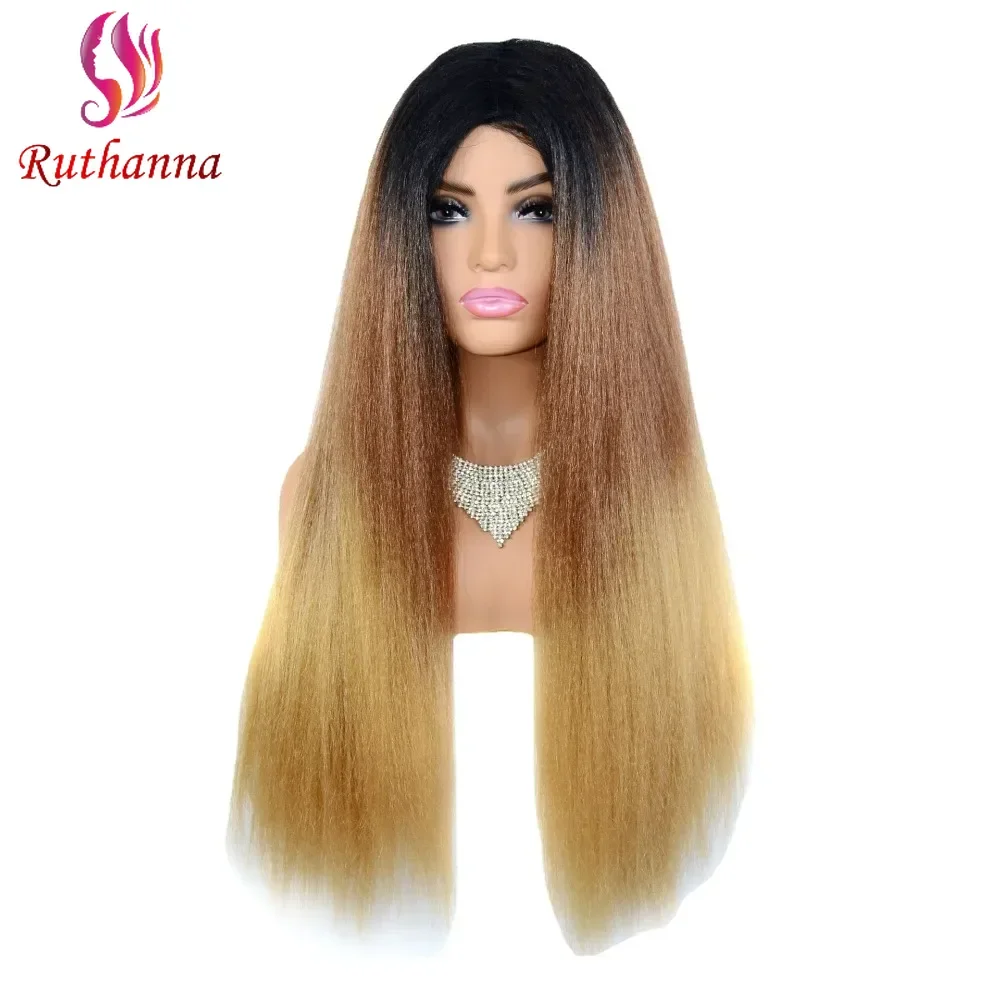 Yaki Straight Middle Part Synthetic Long Straight Wig For Women 28 Inch Kinky Straight Fluffy Heat Resistant Fiber Wig Daily Use