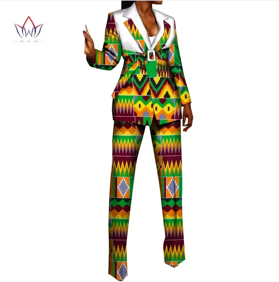 Riche African Print Blazer and Pants Sets for Women Dashiki Full Sleeve Ruffles Blazers Suit Sets Office Lady Outfits WY9804