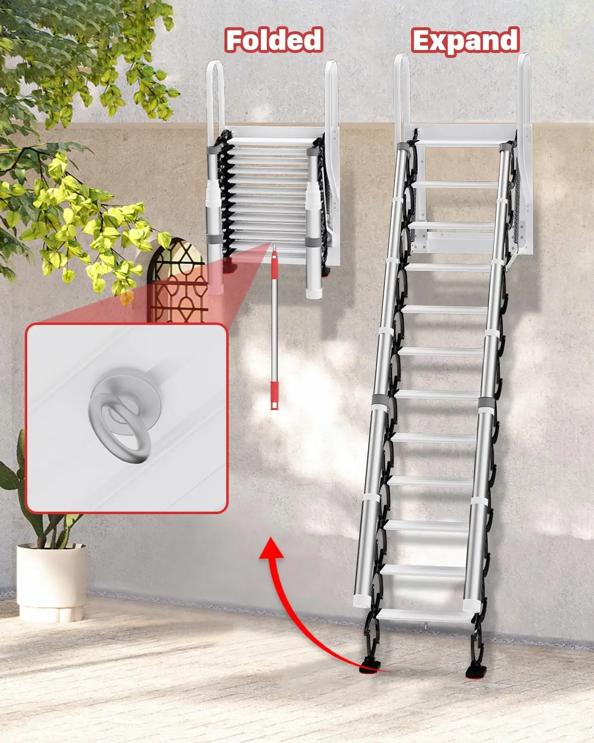 12 Steps Retractable Loft Foldable Ladder, Stairs Pull Down System for Height 9~9.8ft, Wall-Mounted Collapsible Ladder,