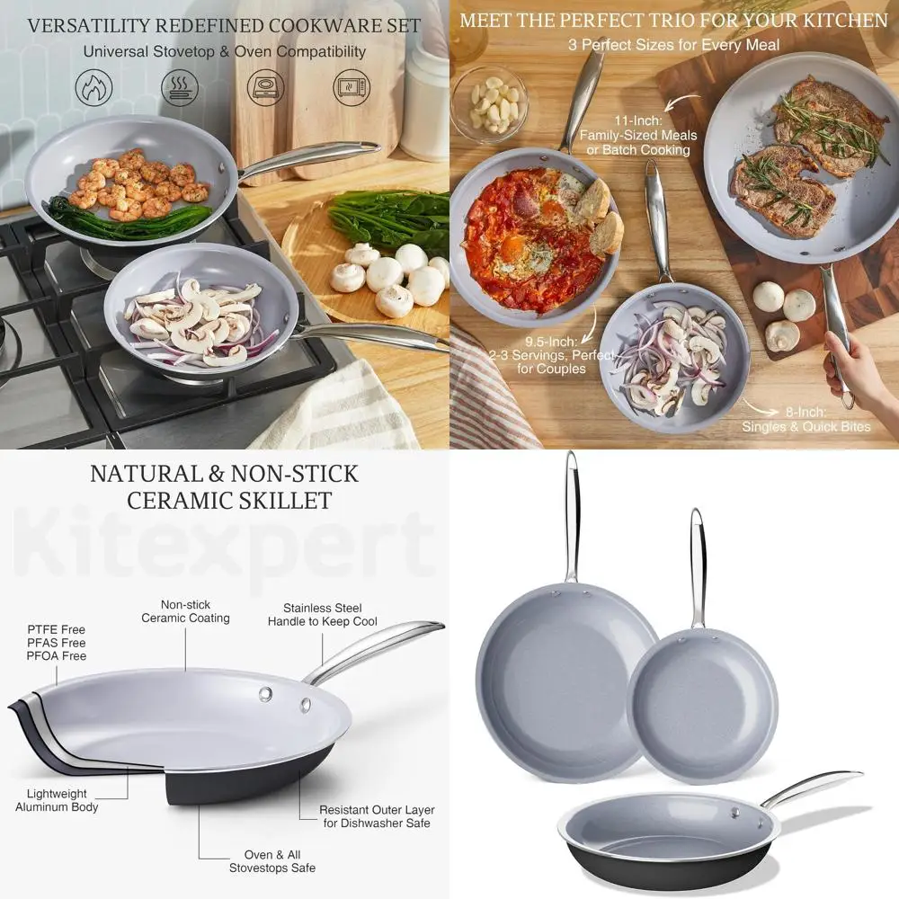 

Grey Titanium Ceramic Nonstick Frying Pan Set, 8, 9.5, 11, Stainless Steel Handle, Dishwasher and Oven Safe, PFAS, PTFE, PFOA Fr