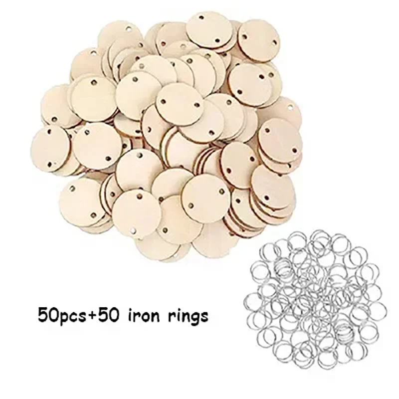 50Pcs Wooden Circle Heart Tags Hanging Decor with Hole Rings Christmas Wooden Ornaments DIY Arts Crafts for Birthday Board Decor