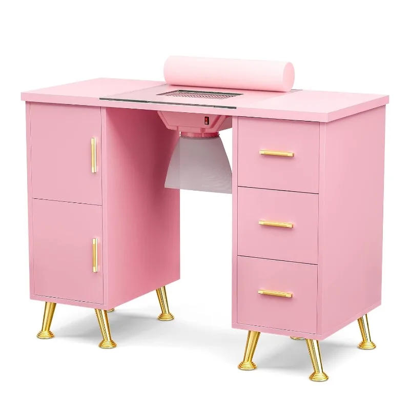 Glass Top Salon Manicure Table with Electric Vent, Wrist Cushion, Storage Drawers, Metal Handles and Golden Legs (Pink)