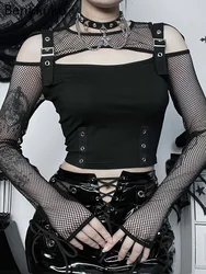 Women's New Dark Punk Style Tees Hot Girl Sexy Slim Off-The-Shoulder Long-Sleeved Top Grid T-Shirt Autumn and Winter