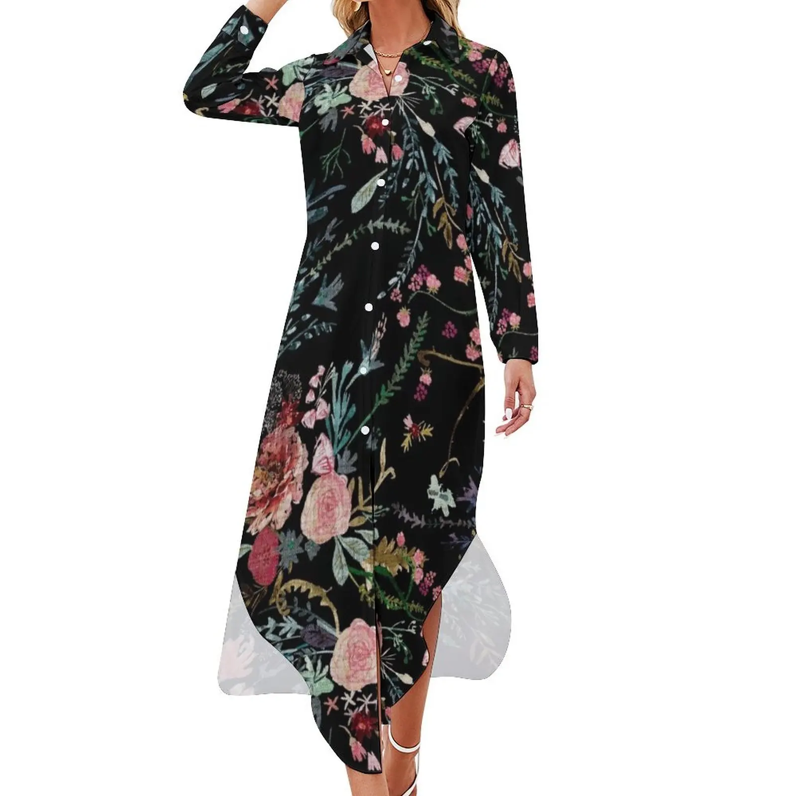 

Midnight Floral Long Sleeved Shirt Dress womans clothing evening dresses ladies Womens dresses