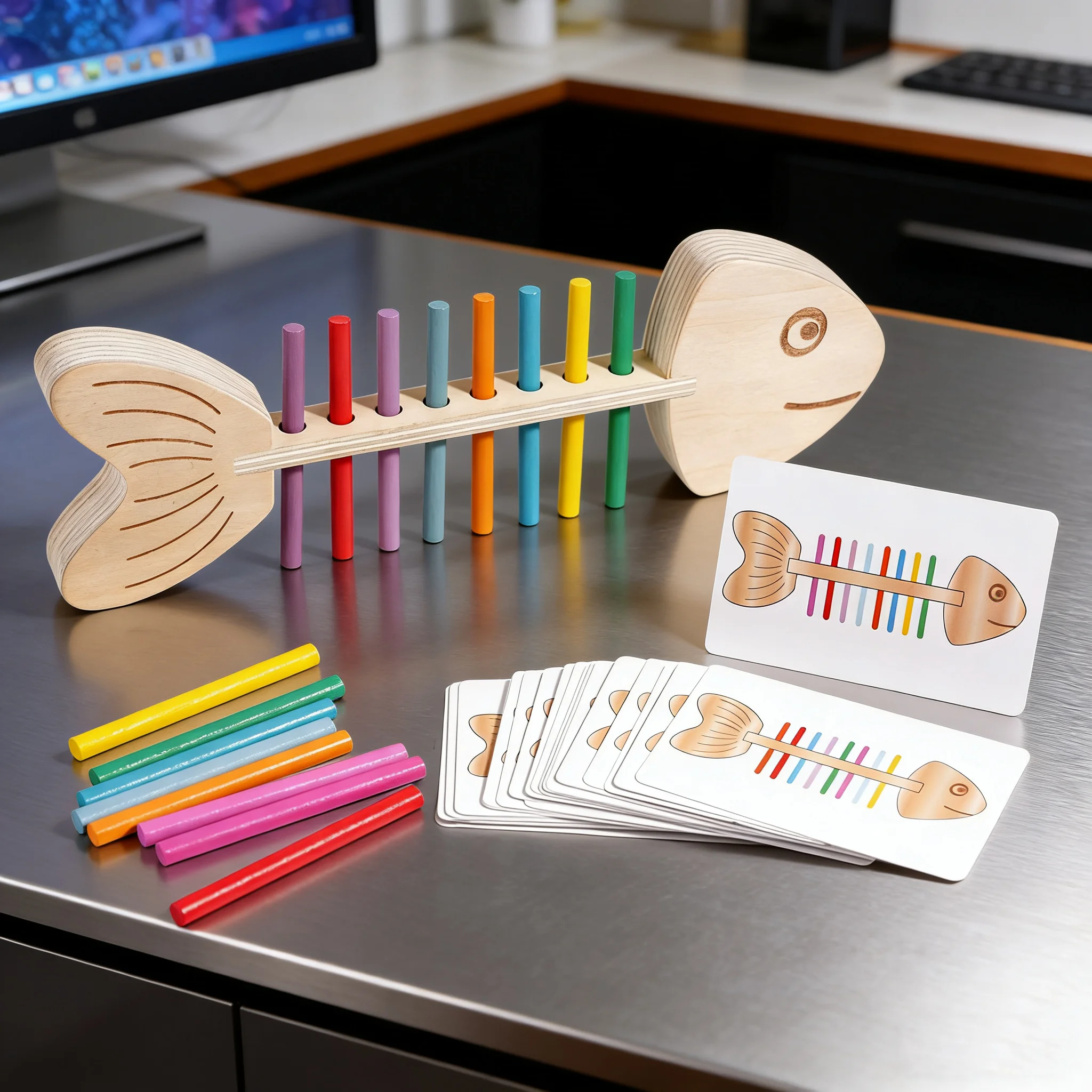 Giocattolo di abbinamento dei colori a lisca di pesce in legno Gioco di abilità motorie 30 carte Equilibrio educativo Attività di apprendimento in età prescolare per bambini Aula a casa