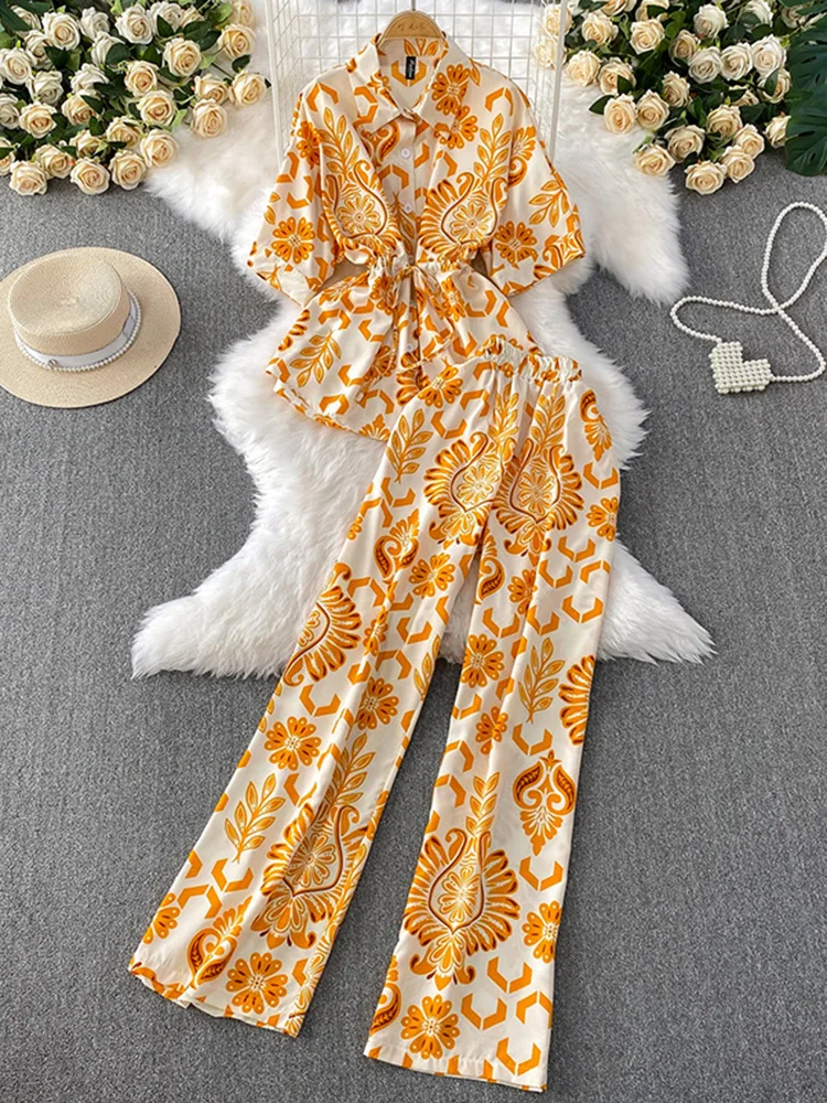 

Summer Women's Beach Vacation Style Set Dopamine Printed Waist Collection Short Sleeve Shirt Casual Pants Two Piece Set C231