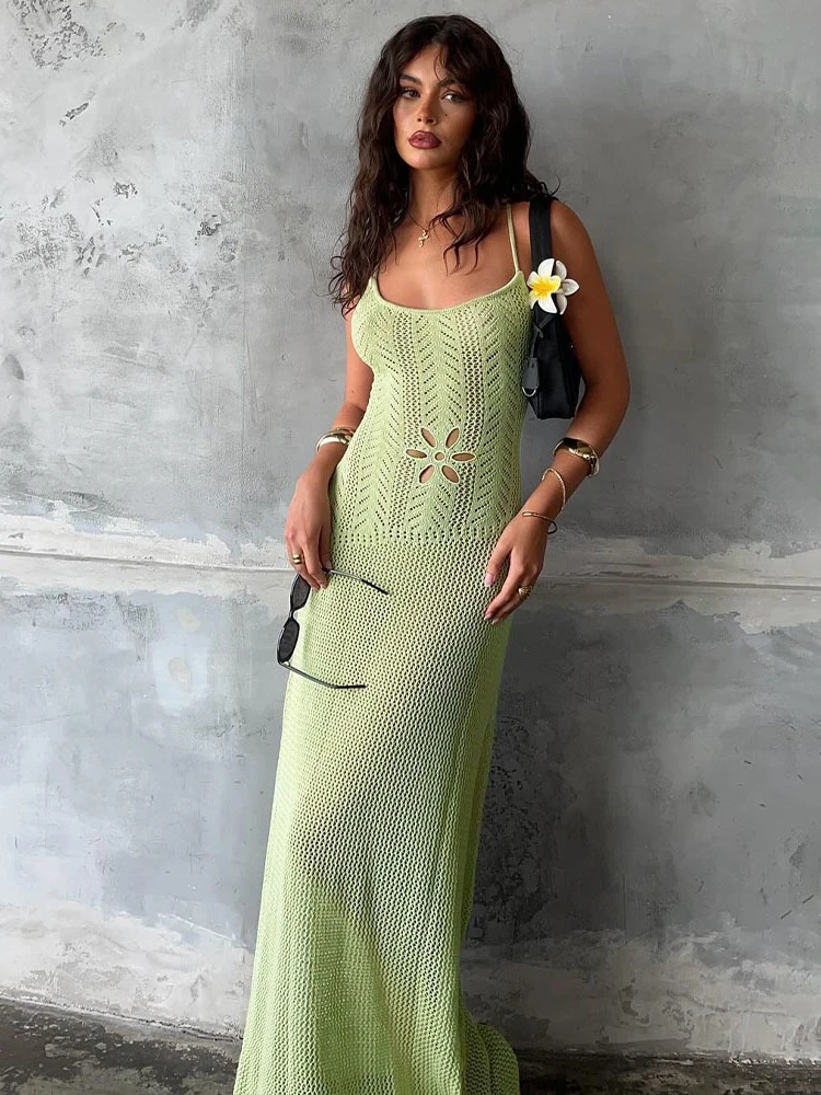 Women's Sexy Backless Knitted Long Dress Slim Spaghetti Strap Openwork Maxi Dress 2024 Summer Beach Cover Up