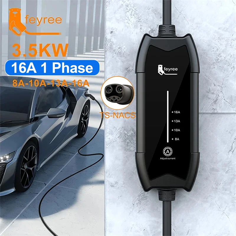 feyree Portable EV Charger 3.5KW Charging Station 16A Adjustable Current Fast Charging with NACS Plug Compatible for Tesla Cars