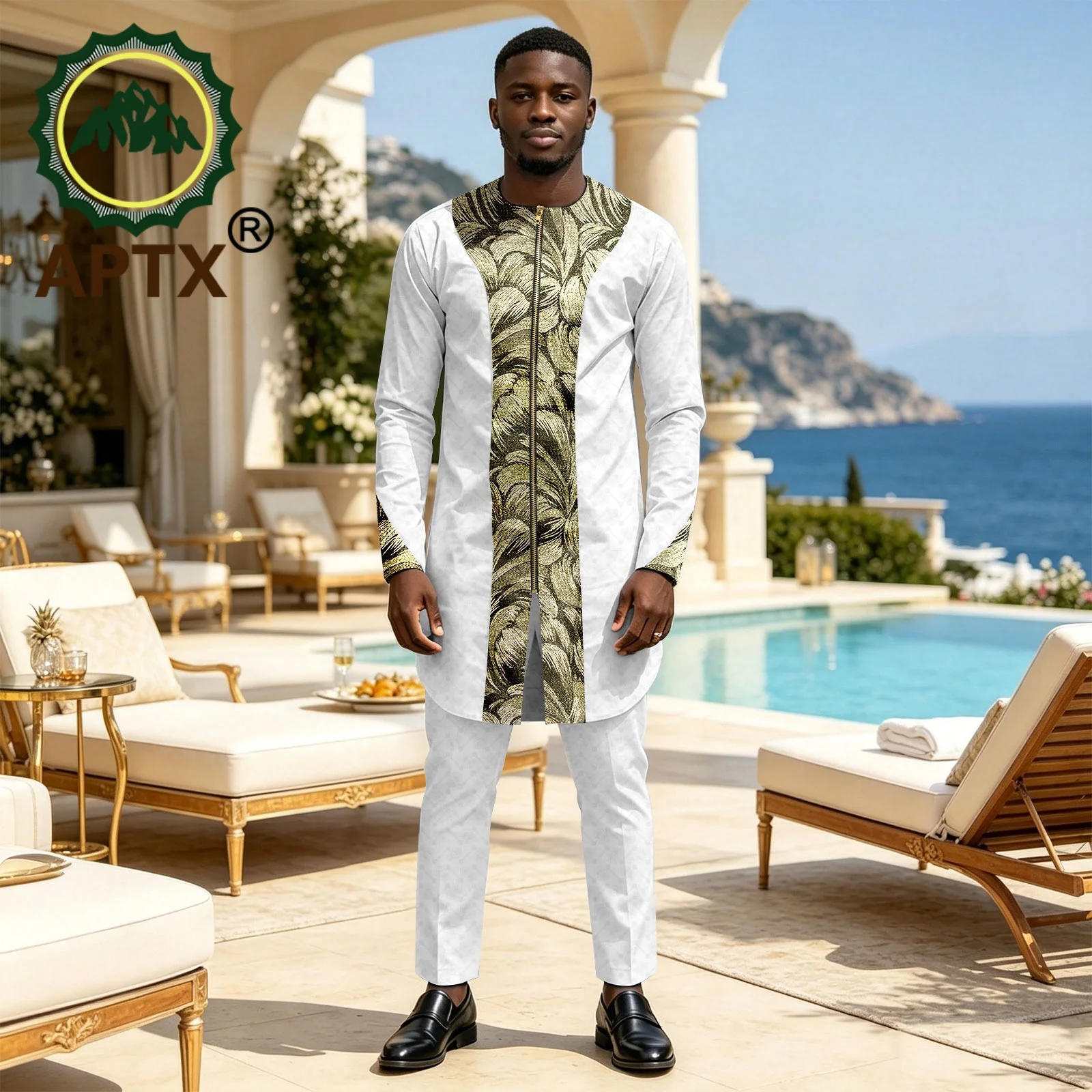 Men's African Dashiki 2 Piece Suit O-neck Collar Ankara Print Patchwork Long Tunic Pants Formal Wedding Party Outfit 2616090