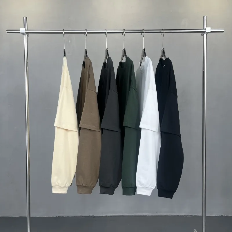Trendy Design Men Cotton Fake Two Piece Long Sleeve Tops Unisex Oversized Streetwear Sweatshirt Casual Layered Look Pullover Top