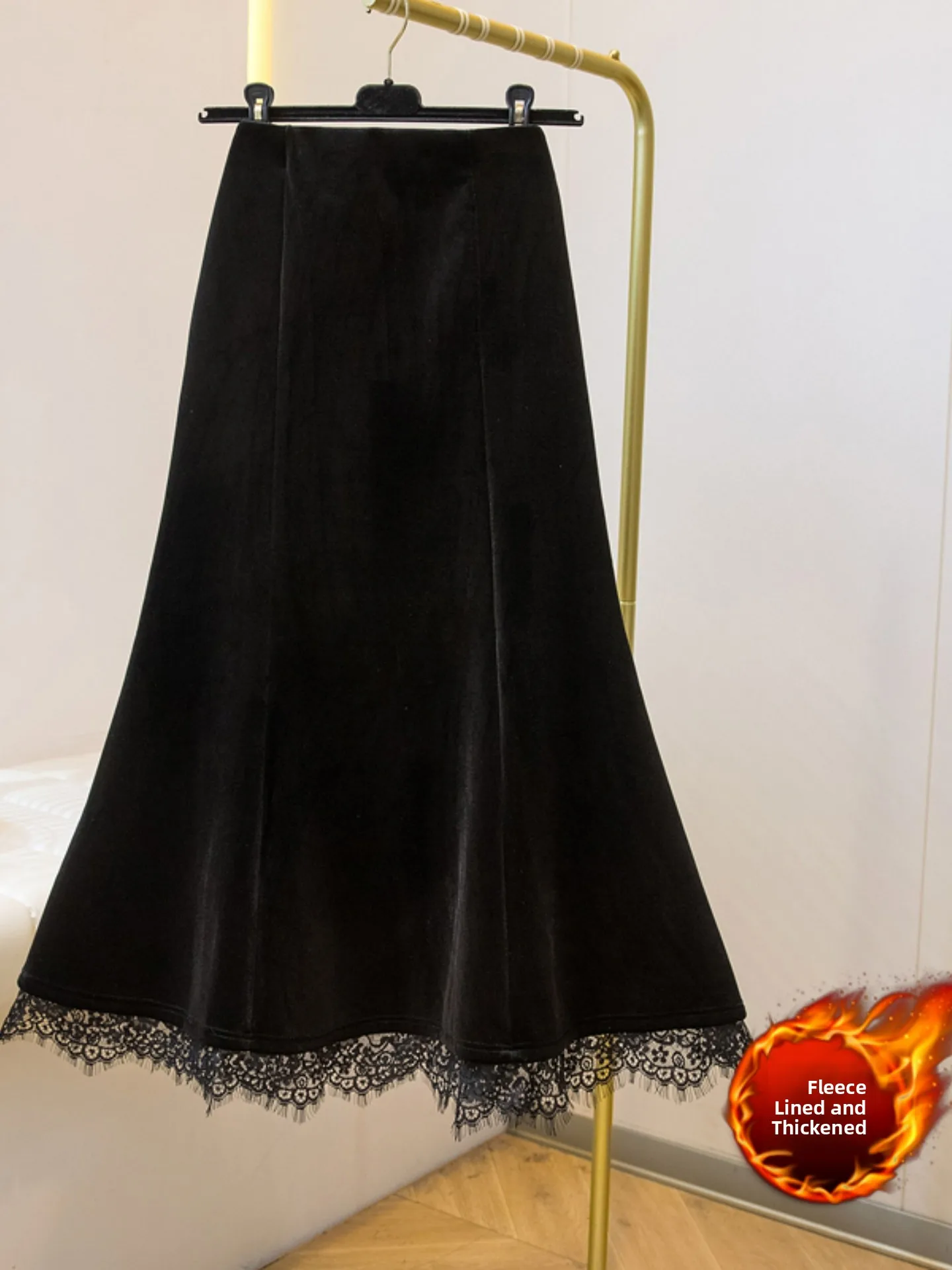 Black Fleece Lined Thick Velvet Half Skirt for Women Spring Autumn plus Size Elegant Lace Splice Fish Tail Long Skirt