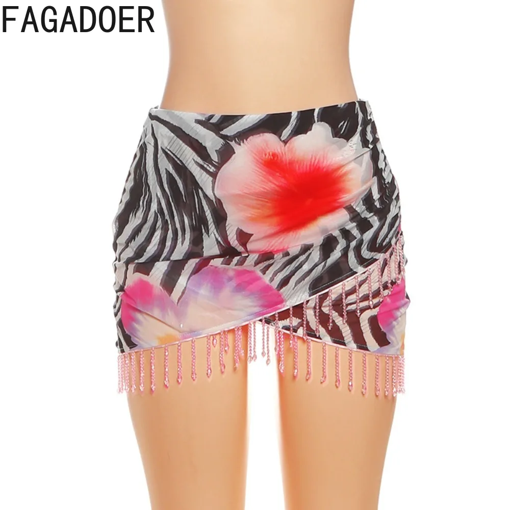 FAGADOER Y2K Sexy Pattern Printing Bodycon Mini Skirts Woman Irregular Pearl Tassel Patchwork Skirt Hot Girls Streetwear Bottoms