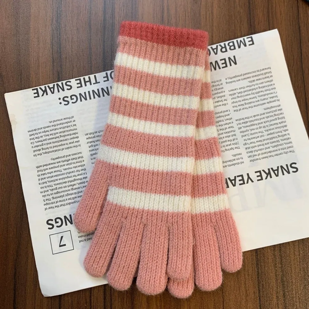 1 Pair Colorful Striped Knitted Gloves Touchable Screen Thickened Full Fingered Gloves Lengthened Warm Winter Women's Gloves
