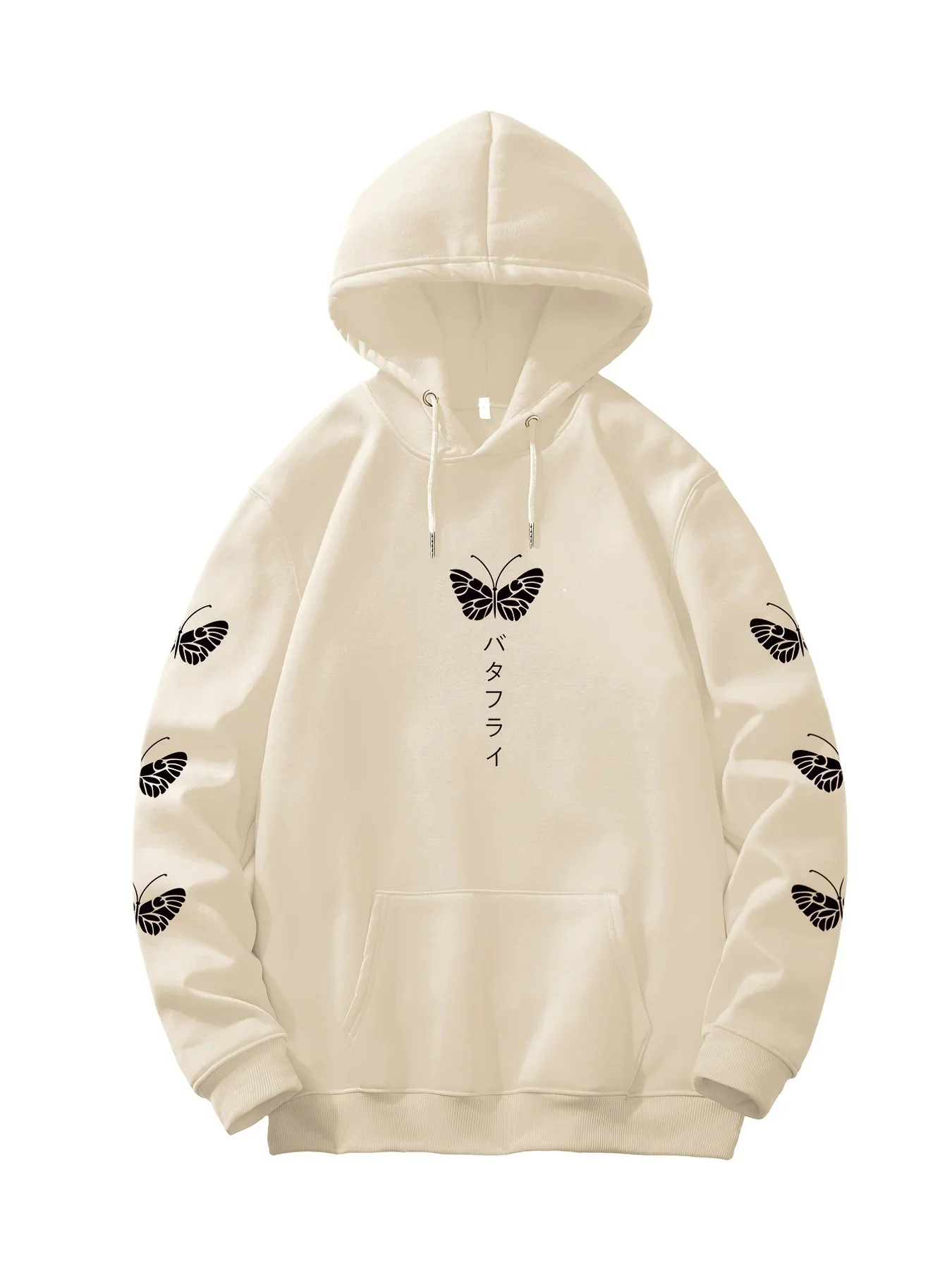 Y2K Japanese Style White Butterfly Graphic Mens Hoodie Sleeve Side Print Vertical Japanese Letter Loose Soft Daily Streetwear