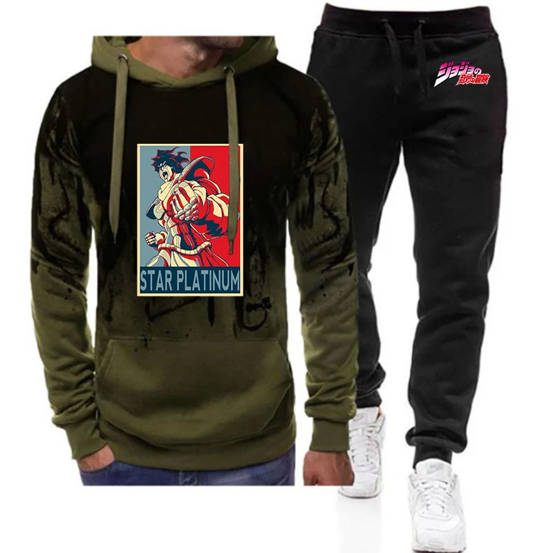 

202, весенне-осенние мужские толстовки с капюшоном и принтом логотипа Jojo Bizarre Adventure в стиле аниме, градиентные цвета + спортивные штаны для отдыха, хлопковые комплекты