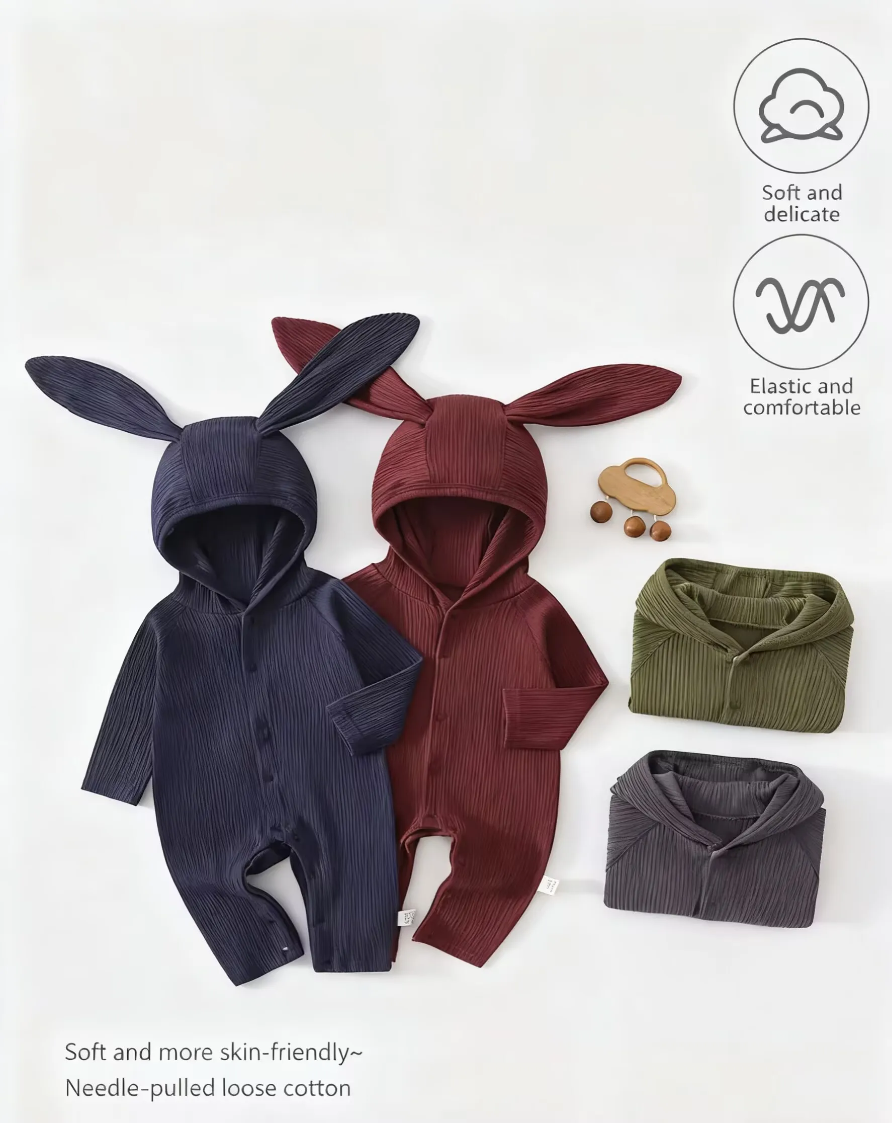 High-Quality Baby Cotton Hooded Romper with Long Bunny Ears Spring & Fall Cute Jumpsuit  for Newborn Infant Outfit（Ankle pants）