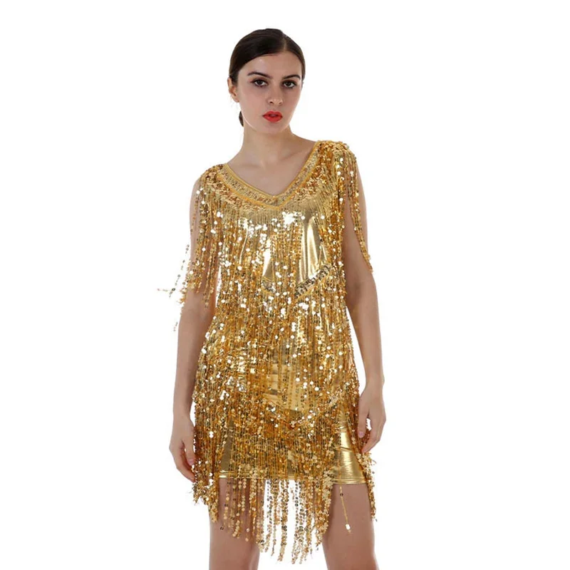 New 1920s Flapper V-Neck Dress Roaring 20s Great Gatsby Sequin Rumba, Dance, Disco Dress Embellished Art Deco Women Summer Dress