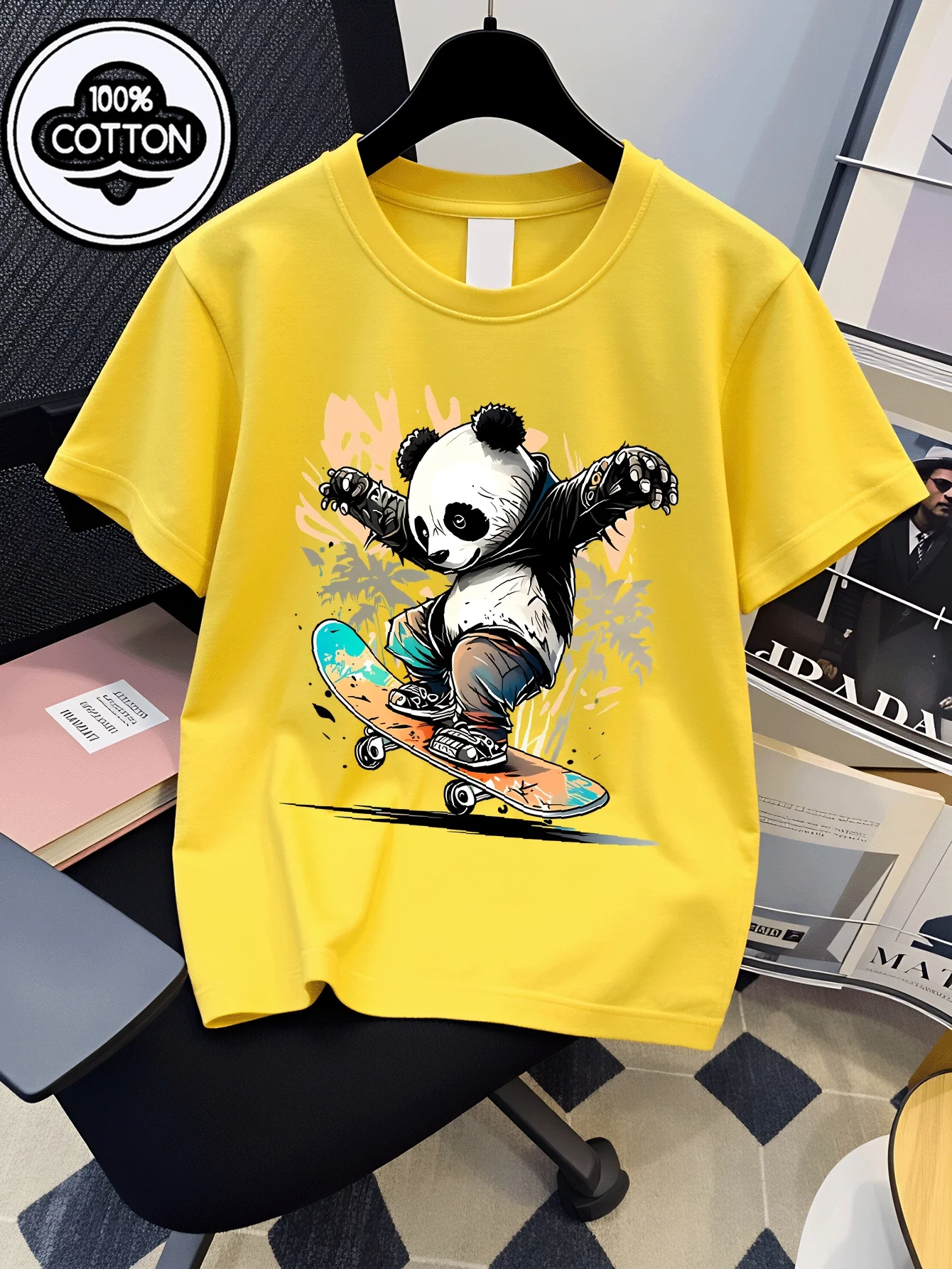Children's T-shirt Casual T-shirt Panda Skateboard Pattern Printed Pattern Children's Clothing Fun Pattern Parent Child Clothing