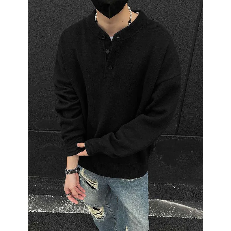 

American Retro Henley Collar Sweater for Men, Autumn Winter Loose Fit Long Sleeve Knit Top for Layering