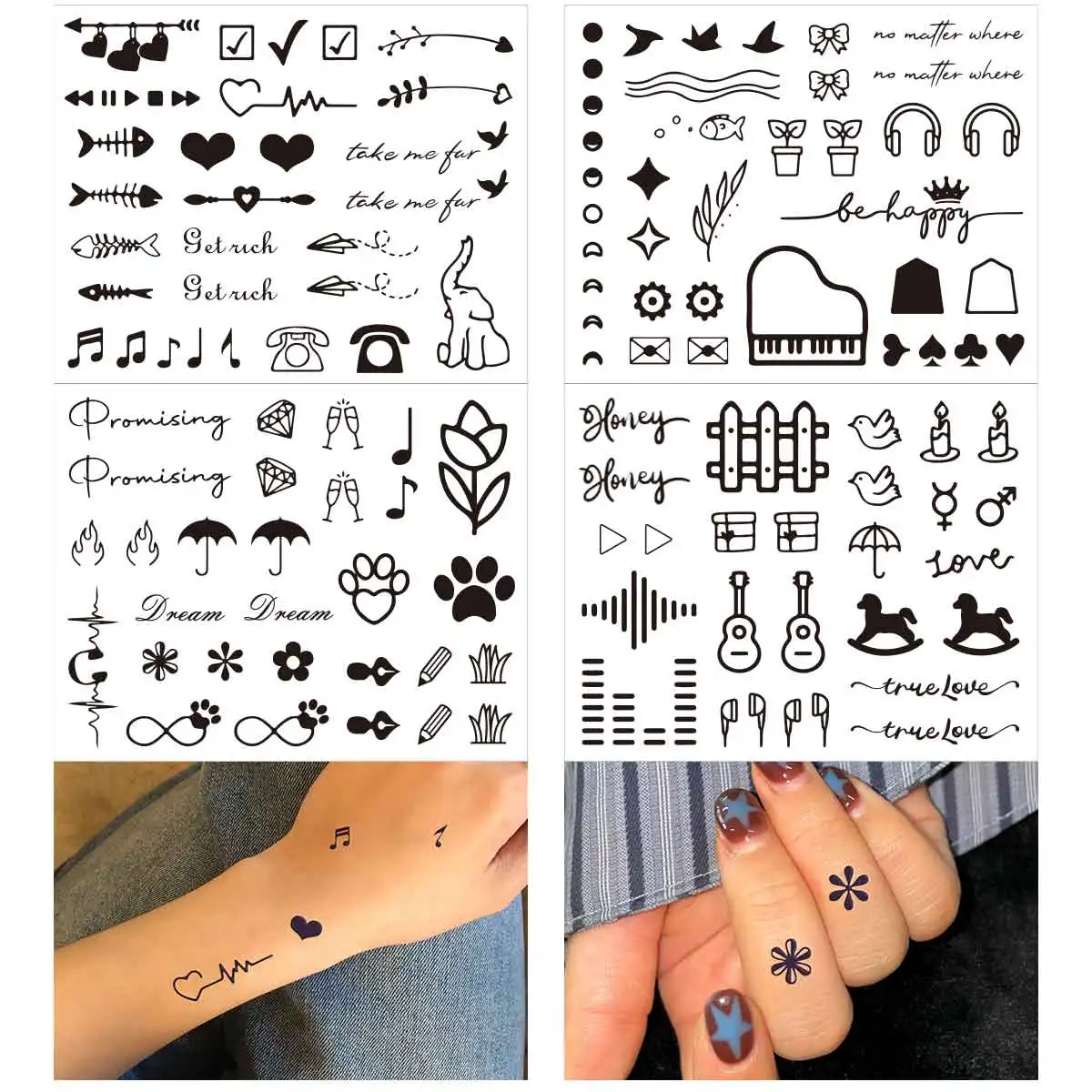 TATTOO 4pcs Waterproof Temporary Tattoo Sticker Minimalist Heart-shape Flowers Fake Tattoos for Girl Women Semi Permanent Tattoo