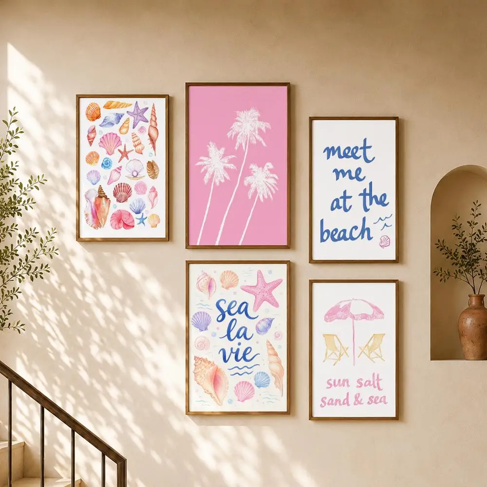 Pastel Beach Seashell Coral Palm Coastal Summer Typography Poster Home Room Bar Cafe Club Decor Aesthetic Art Wall Painting