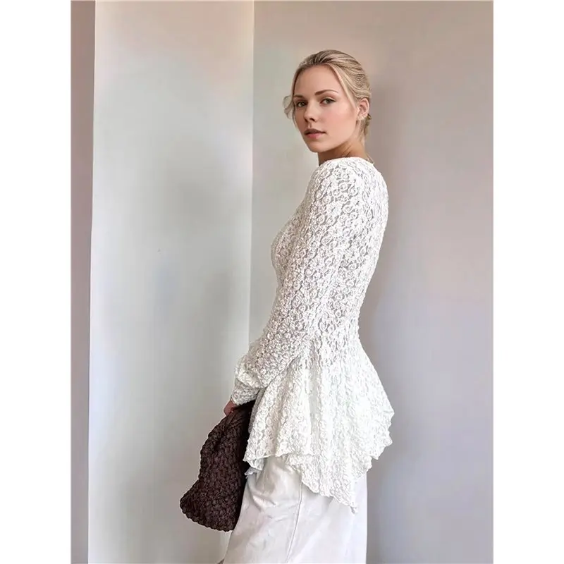 Lace Cardigan For Women Floral Mesh Sheer Bell Long Sleeve Tops Dusters White M view 2